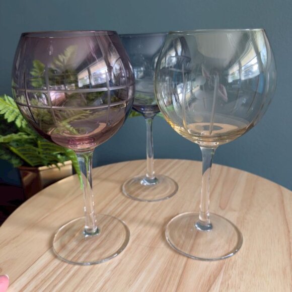 3 Cristal DArques Durand Etched Balloon Wine Goblets Blue Purple & Yellow France - Picture 4 of 7